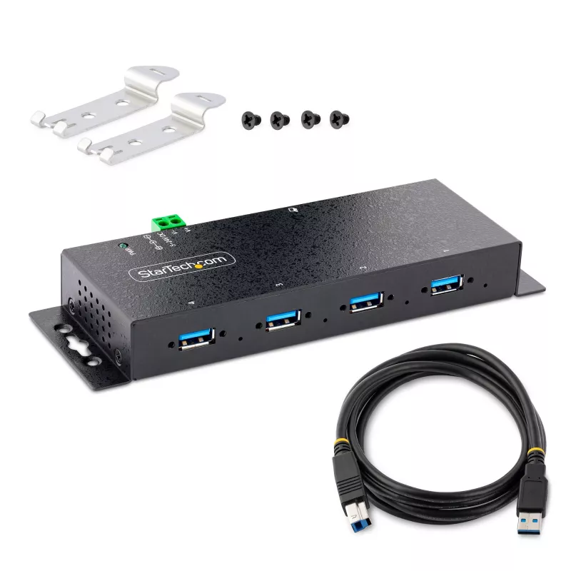 StarTech.com 4-poorts industriële USB 3.0 5Gbps hub, robuuste USB-hub met ESD-bescherming, DIN-/wand-/tafelmontage USB-A hub, USB-uitbreiding met vergrendelbare aansluitingen, heavy duty – TAA