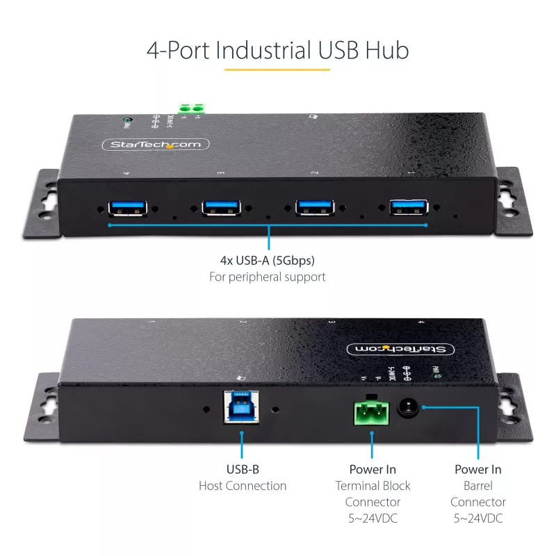 StarTech.com 4-poorts industriële USB 3.0 5Gbps hub, robuuste USB-hub met ESD-bescherming, DIN-/wand-/tafelmontage USB-A hub, USB-uitbreiding met vergrendelbare aansluitingen, heavy duty – TAA