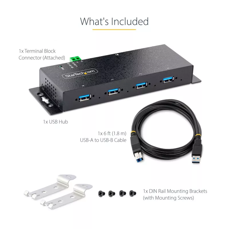 StarTech.com 4-poorts industriële USB 3.0 5Gbps hub, robuuste USB-hub met ESD-bescherming, DIN-/wand-/tafelmontage USB-A hub, USB-uitbreiding met vergrendelbare aansluitingen, heavy duty – TAA