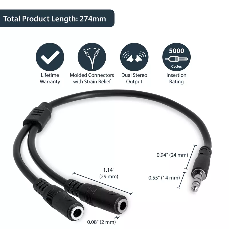 StarTech.com slanke stereo-splitterkabel – 3,5-mm-stekker naar 2x 3,5-mm-bus