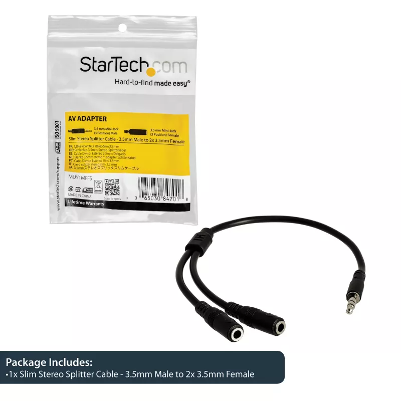 StarTech.com slanke stereo-splitterkabel – 3,5-mm-stekker naar 2x 3,5-mm-bus
