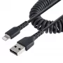 StarTech.com 50cm (20in) USB-naar-Lightning-kabel, MFi-gecertificeerd, gewonden iPhone-oplaadkabel, zwart, duurzame TPE-mantel met aramidevezel, robuuste gewonden Lightning-kabel