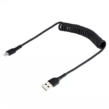 StarTech.com 50cm (20in) USB-naar-Lightning-kabel, MFi-gecertificeerd, gewonden iPhone-oplaadkabel, zwart, duurzame TPE-mantel met aramidevezel, robuuste gewonden Lightning-kabel