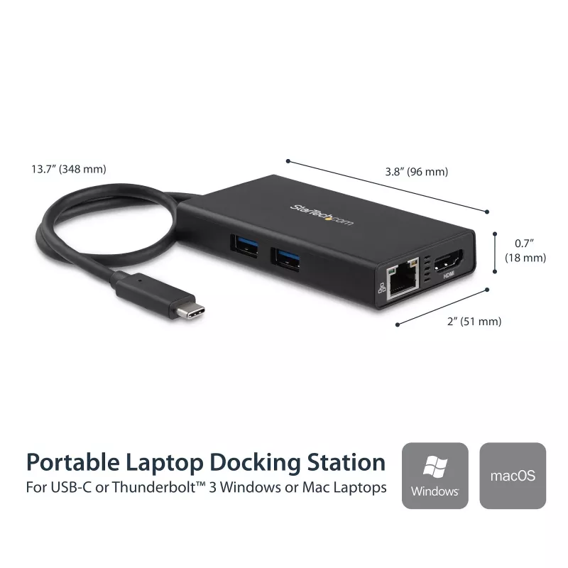 StarTech.com USB-C-multipoort-adapter – USB-C-reisdockingstation met 4K HDMI – 60 W Power Delivery Pass-Through, GbE, 2 poorten USB-A 3.0-hub – draagbaar mini-USB-Type-C-dock voor laptops