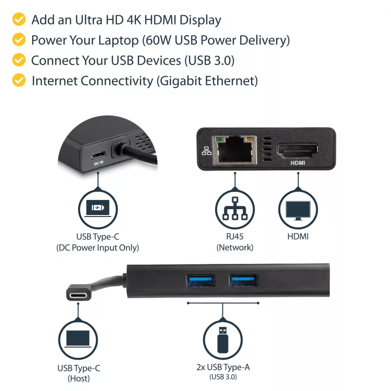 StarTech.com USB-C-multipoort-adapter – USB-C-reisdockingstation met 4K HDMI – 60 W Power Delivery Pass-Through, GbE, 2 poorten USB-A 3.0-hub – draagbaar mini-USB-Type-C-dock voor laptops