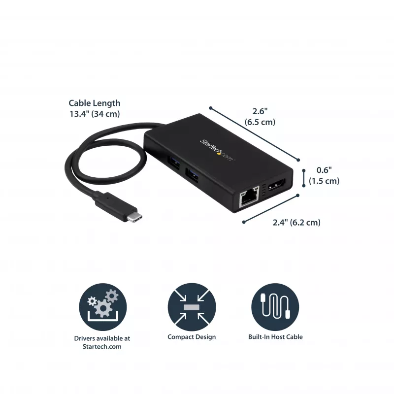 StarTech.com USB-C-multipoort-adapter – USB-C-reisdockingstation met 4K HDMI – 60 W Power Delivery Pass-Through, GbE, 2 poorten USB-A 3.0-hub – draagbaar mini-USB-Type-C-dock voor laptops