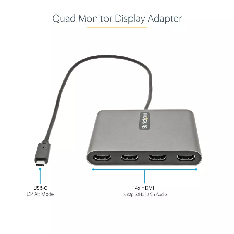 StarTech.com USB-C naar quad HDMI-adapter, USB-C naar 4x HDMI-monitorconverter voor Windows (geen ondersteuning voor macOS/ChromeOS/Linux) - TAA
