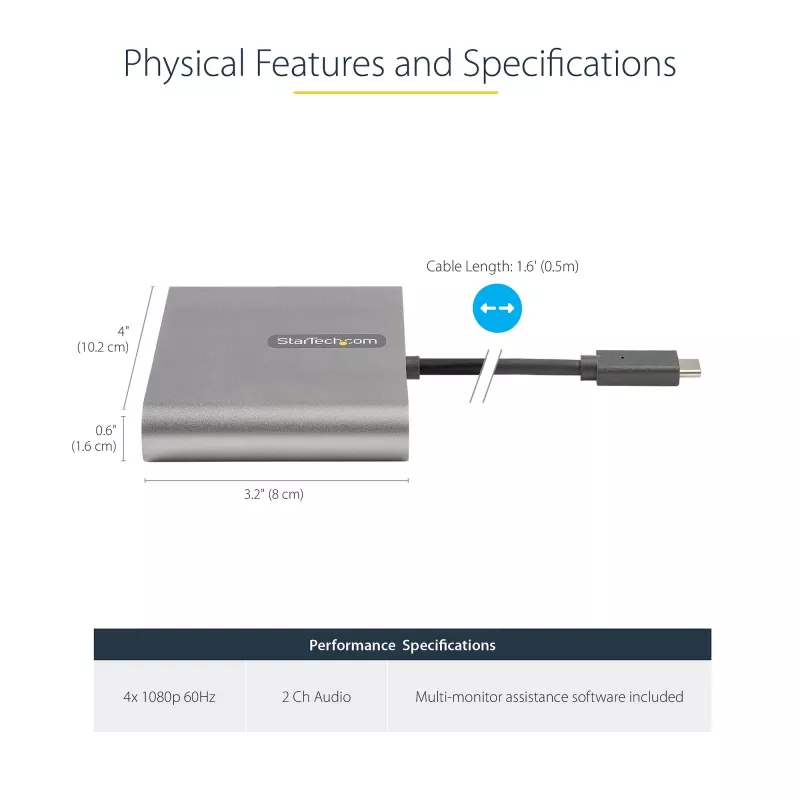 StarTech.com USB-C naar quad HDMI-adapter, USB-C naar 4x HDMI-monitorconverter voor Windows (geen ondersteuning voor macOS/ChromeOS/Linux) - TAA