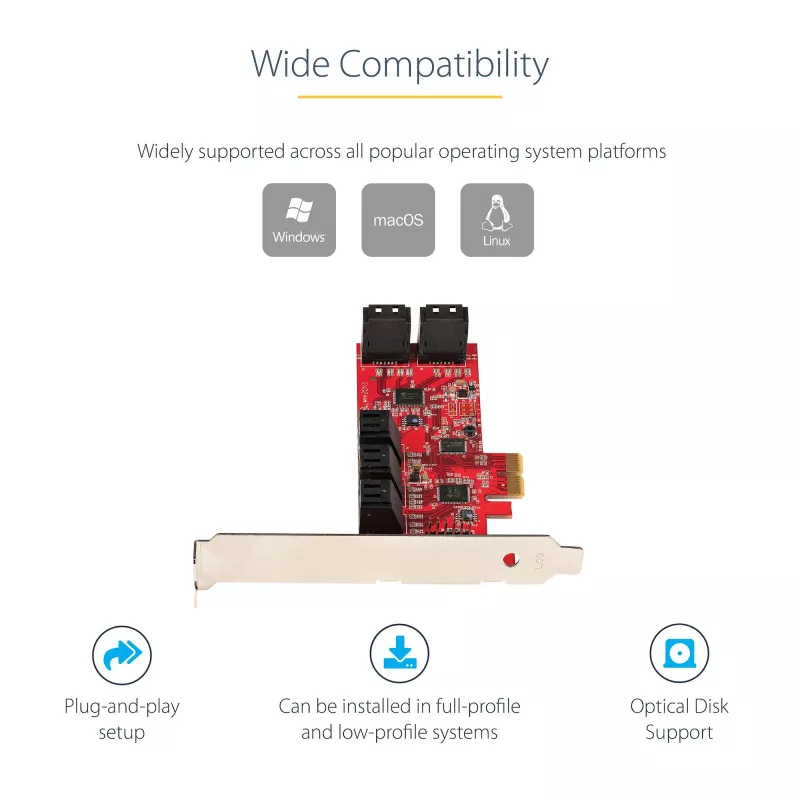 StarTech.com SATA PCIe-kaart - 10-poorts PCIe SATA-uitbreidingskaart - 6 Gbit/s - low-/full-profile - gestapelde SATA-aansluitingen - ASM1062 non-RAID - PCI Express naar SATA-converter/adapter