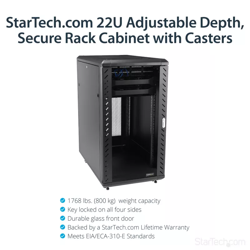 StarTech.com 4-paals 22U serverrack, afsluitbare 19-inch datakast voor computer/AV/IT-apparatuur, kantoor-/thuisnetwerkkast met wielen en verstelbare montagerails