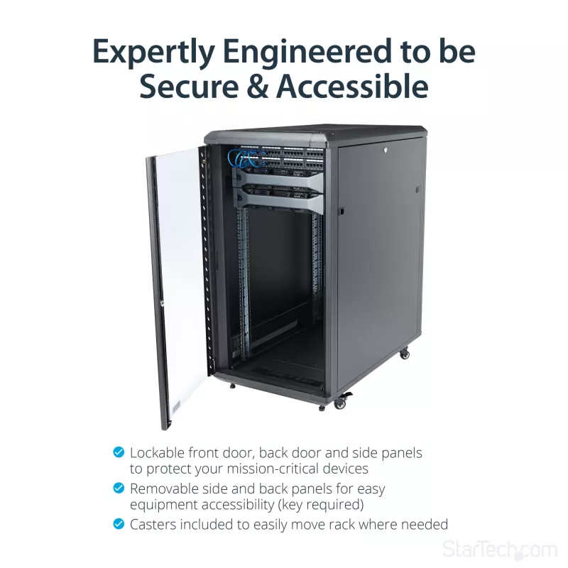 StarTech.com 4-paals 22U serverrack, afsluitbare 19-inch datakast voor computer/AV/IT-apparatuur, kantoor-/thuisnetwerkkast met wielen en verstelbare montagerails