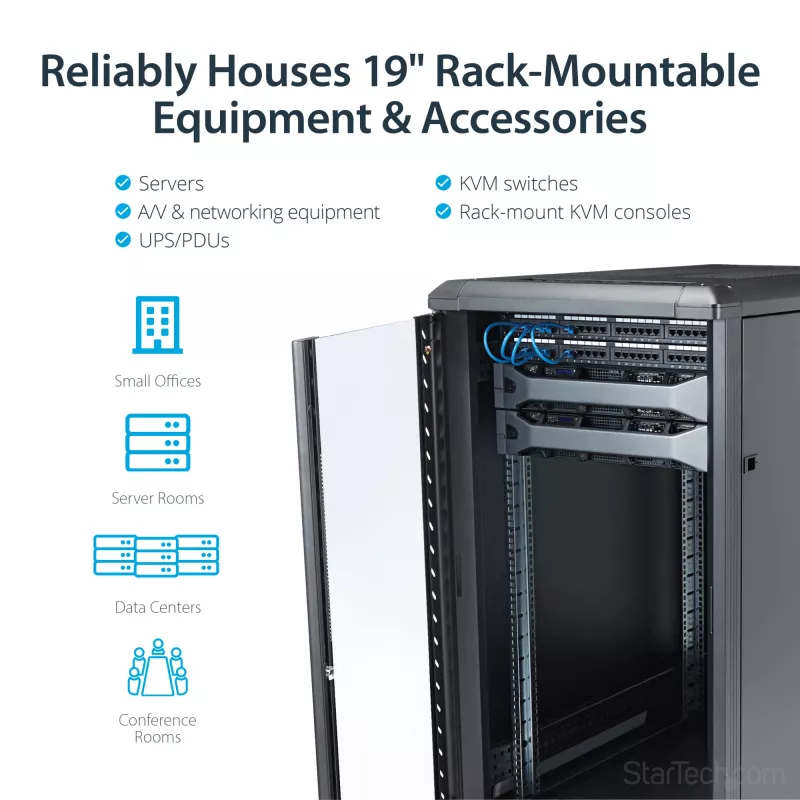 StarTech.com 4-paals 22U serverrack, afsluitbare 19-inch datakast voor computer/AV/IT-apparatuur, kantoor-/thuisnetwerkkast met wielen en verstelbare montagerails