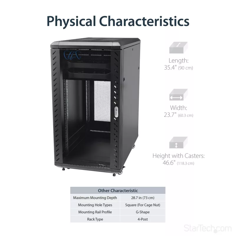 StarTech.com 4-paals 22U serverrack, afsluitbare 19-inch datakast voor computer/AV/IT-apparatuur, kantoor-/thuisnetwerkkast met wielen en verstelbare montagerails