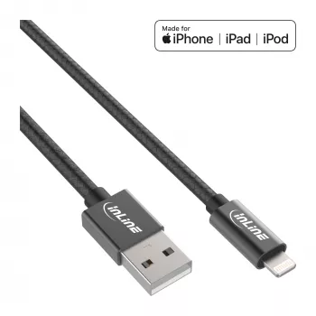 InLine Lightning USB-kabel, voor iPad, iPhone, iPod, zwart/alu, 1m MFi-gecertificeerd
