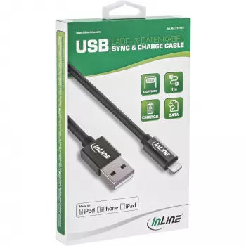 InLine Lightning USB-kabel, voor iPad, iPhone, iPod, zwart/alu, 1m MFi-gecertificeerd
