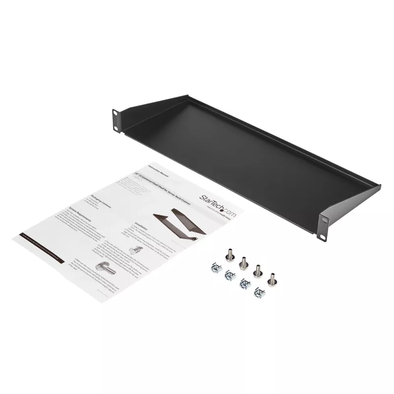 StarTech.com CABSHELF1U 1U serverrackplank, vaste uitkragende plank voor 19-inch rack/kast, 17,7 cm (7 inch) diep, draagvermogen 15 kg (33 lb), met kooimoeren en schroeven, zwart
