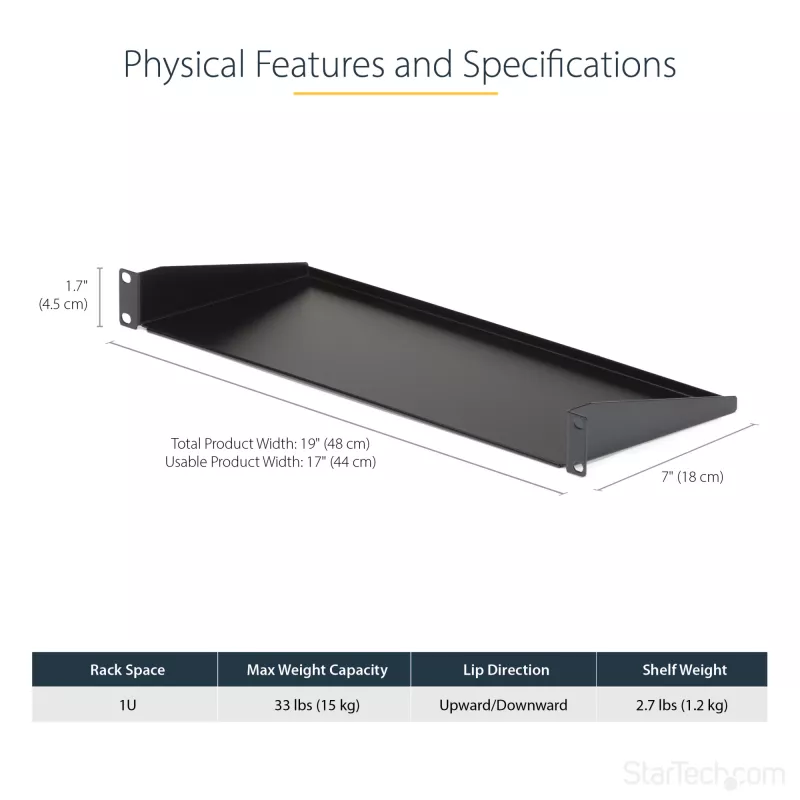 StarTech.com CABSHELF1U 1U serverrackplank, vaste uitkragende plank voor 19-inch rack/kast, 17,7 cm (7 inch) diep, draagvermogen 15 kg (33 lb), met kooimoeren en schroeven, zwart