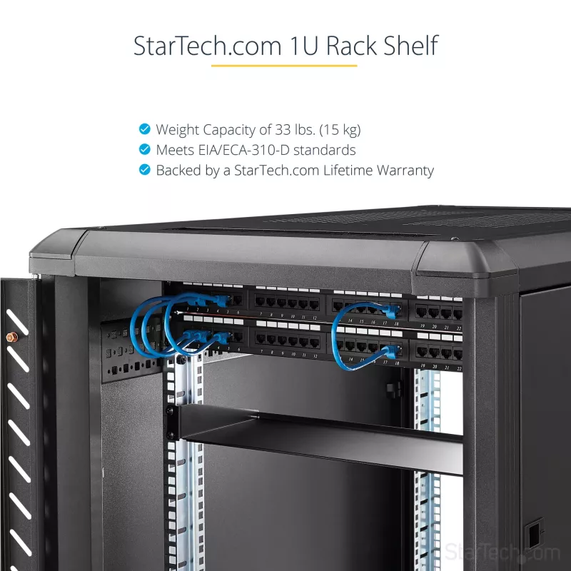 StarTech.com CABSHELF1U 1U serverrackplank, vaste uitkragende plank voor 19-inch rack/kast, 17,7 cm (7 inch) diep, draagvermogen 15 kg (33 lb), met kooimoeren en schroeven, zwart