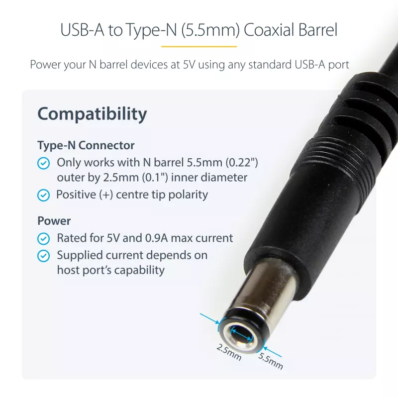 StarTech.com USB naar 5,5 mm stroomkabel – type N holle stekker – 1 m, 1 m, USB A, holle stekker type N