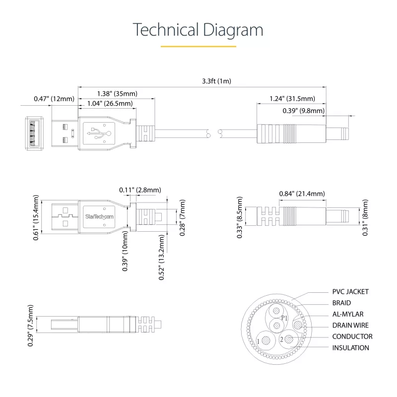StarTech.com USB naar 5,5 mm stroomkabel – type N holle stekker – 1 m, 1 m, USB A, holle stekker type N