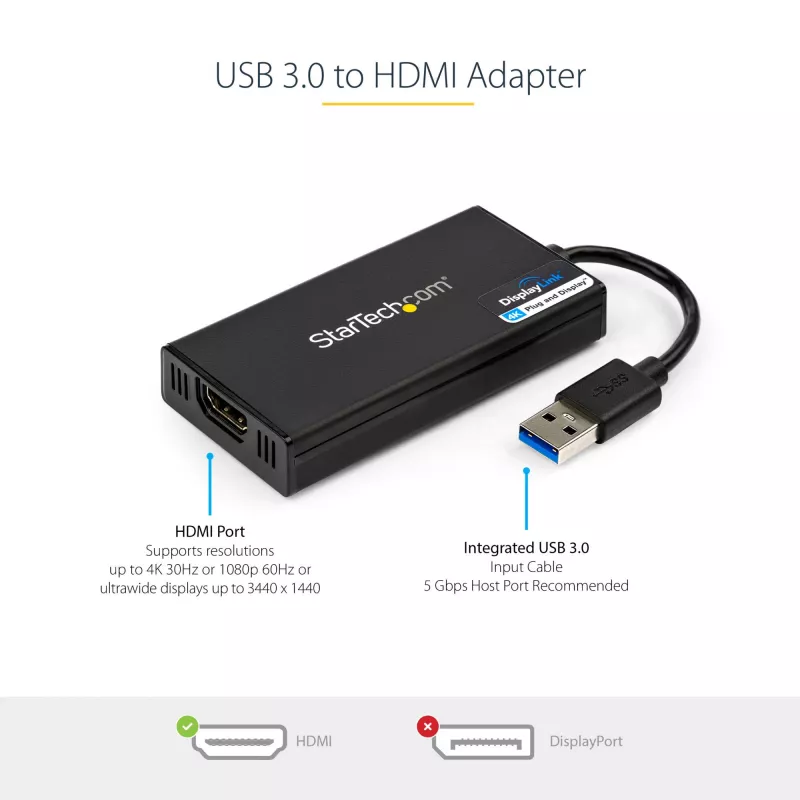 StarTech.com USB 3.0 naar HDMI-adapter - 4K 30Hz Ultra HD - DisplayLink gecertificeerd - USB Type-A naar HDMI display-adapter converter voor monitor - externe video & grafische kaart - Mac & Windows
