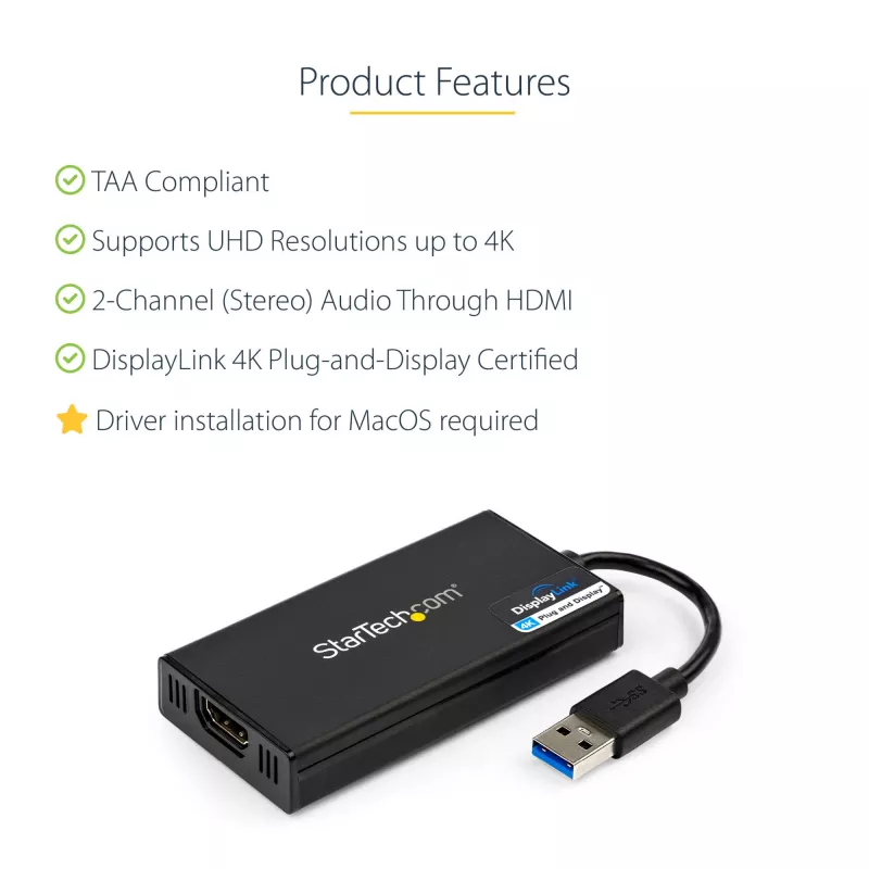 StarTech.com USB 3.0 naar HDMI-adapter - 4K 30Hz Ultra HD - DisplayLink gecertificeerd - USB Type-A naar HDMI display-adapter converter voor monitor - externe video & grafische kaart - Mac & Windows