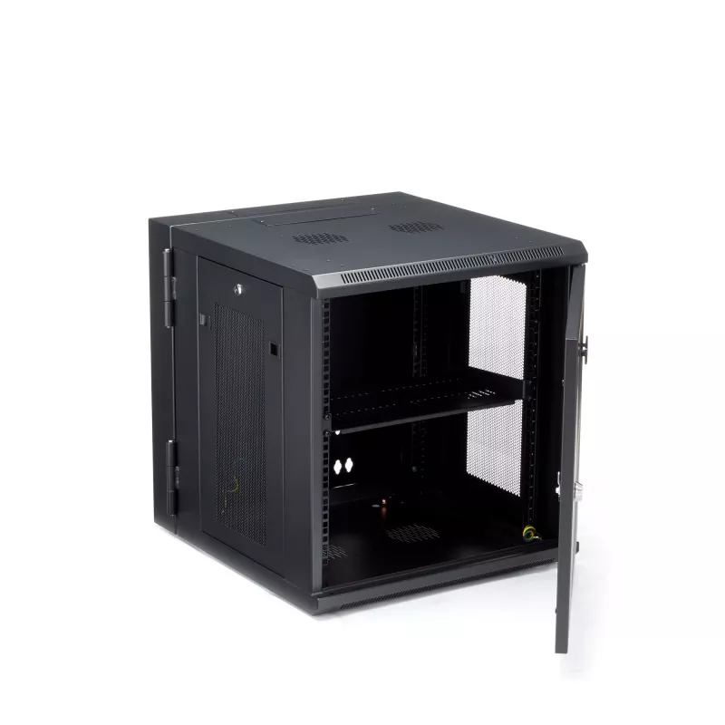 StarTech.com 4-Post 12U wandmontage netwerkkast met 1U-plank, 19 inch opklapbare wandgemonteerde serverkast voor data / AV / elektronica / computerapparatuur, flexibele geventileerde rackbehuizing