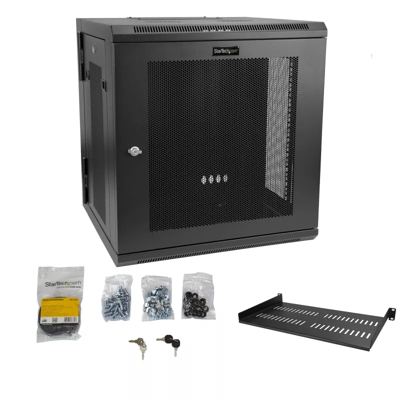 StarTech.com 4-Post 12U wandmontage netwerkkast met 1U-plank, 19 inch opklapbare wandgemonteerde serverkast voor data / AV / elektronica / computerapparatuur, flexibele geventileerde rackbehuizing