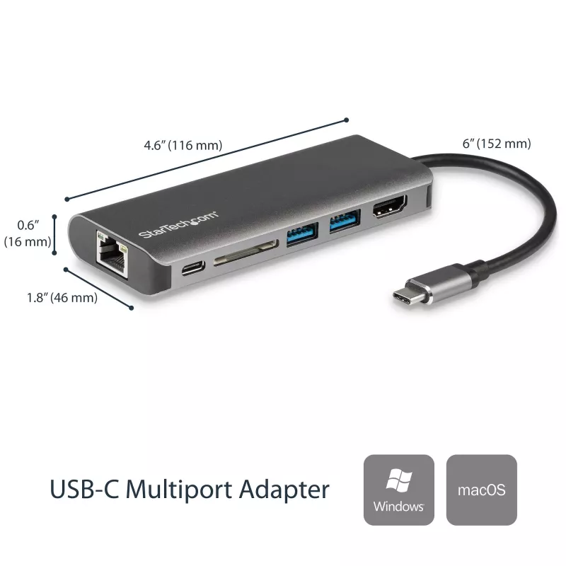 StarTech.com USB-C-multipoort-adapter, draagbare USB-C-dock naar 4K HDMI, 2-voudige USB 3.0 hub, SD/SDHC, GbE, 60W PD pass-through – USB Type-C/Thunderbolt 3 – VERVANGEN DOOR DKT30CHSDPD1