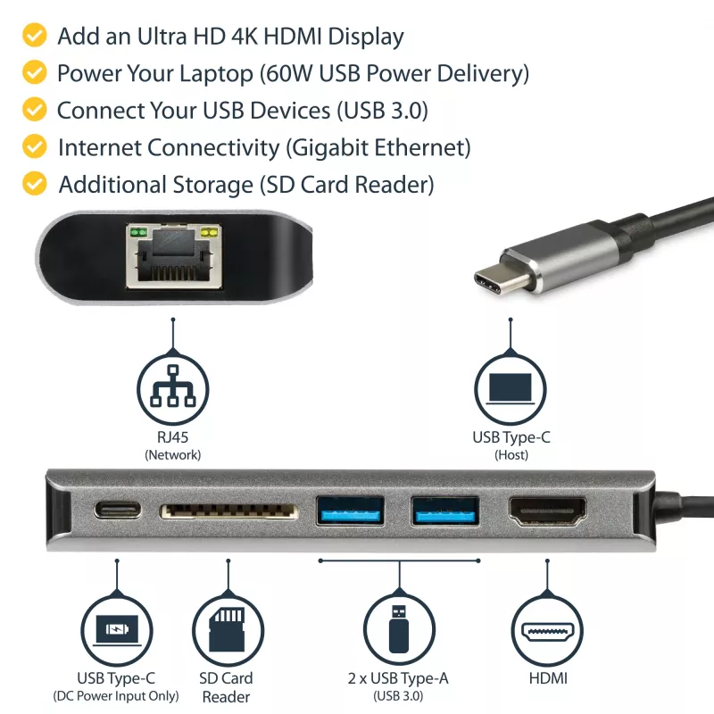 StarTech.com USB-C-multipoort-adapter, draagbare USB-C-dock naar 4K HDMI, 2-voudige USB 3.0 hub, SD/SDHC, GbE, 60W PD pass-through – USB Type-C/Thunderbolt 3 – VERVANGEN DOOR DKT30CHSDPD1