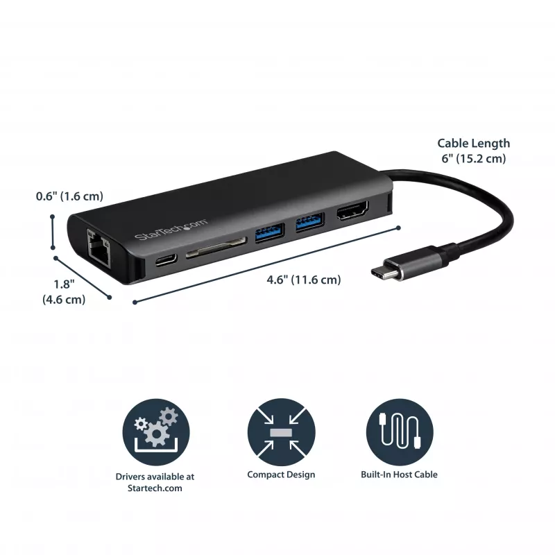 StarTech.com USB-C-multipoort-adapter, draagbare USB-C-dock naar 4K HDMI, 2-voudige USB 3.0 hub, SD/SDHC, GbE, 60W PD pass-through – USB Type-C/Thunderbolt 3 – VERVANGEN DOOR DKT30CHSDPD1