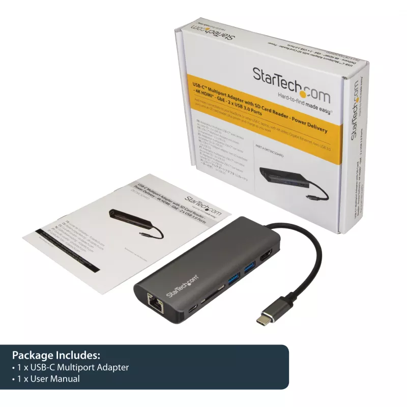 StarTech.com USB-C-multipoort-adapter, draagbare USB-C-dock naar 4K HDMI, 2-voudige USB 3.0 hub, SD/SDHC, GbE, 60W PD pass-through – USB Type-C/Thunderbolt 3 – VERVANGEN DOOR DKT30CHSDPD1