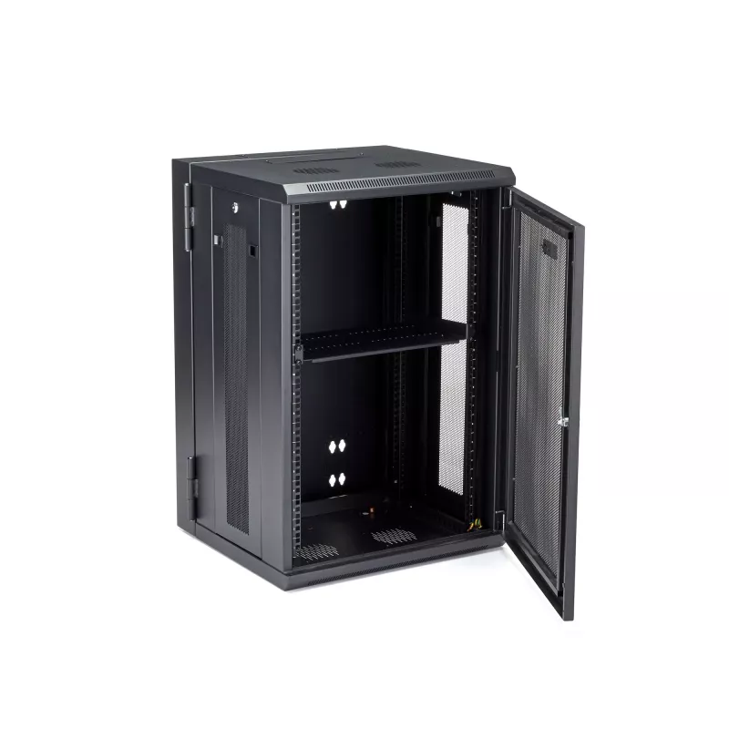 StarTech.com 4-posts 18U wandmontage netwerkkast met 1U legbord, 19 inch opklapbare wandgemonteerde serverkast voor data/AV/elektronica/computerapparatuur, flexibele geventileerde rackbehuizing