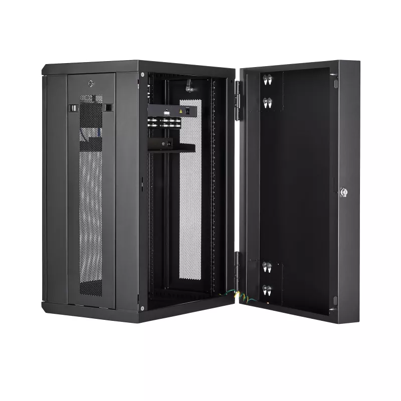 StarTech.com 4-posts 18U wandmontage netwerkkast met 1U legbord, 19 inch opklapbare wandgemonteerde serverkast voor data/AV/elektronica/computerapparatuur, flexibele geventileerde rackbehuizing