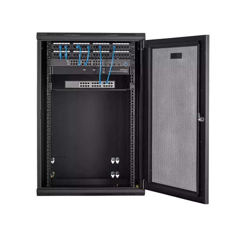 StarTech.com 4-posts 18U wandmontage netwerkkast met 1U legbord, 19 inch opklapbare wandgemonteerde serverkast voor data/AV/elektronica/computerapparatuur, flexibele geventileerde rackbehuizing