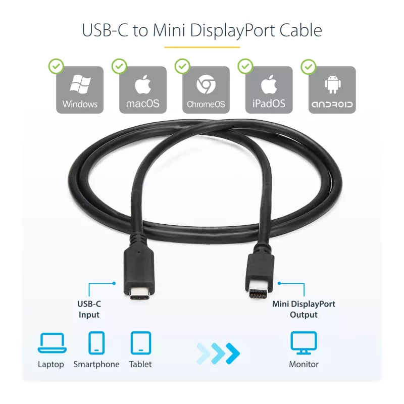 StarTech.com USB-C-naar-Mini-DisplayPort-kabel – 1 m (3,3 ft.), 4K 60 Hz – Zwart