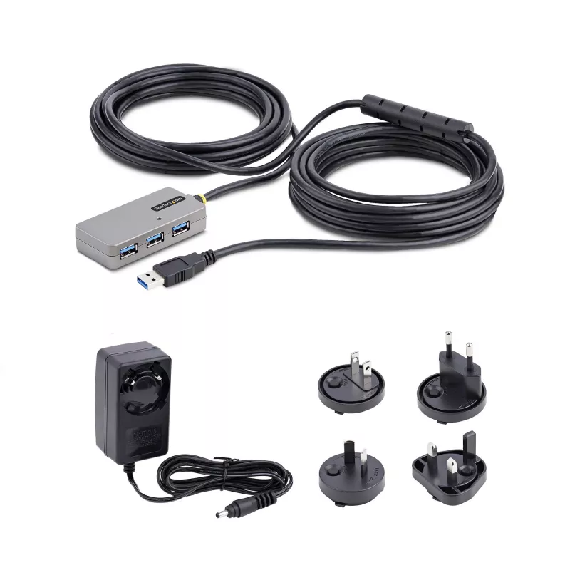 StarTech.com USB-extender-hub, 10m USB 3.0-verlengkabel met 4-poorts USB-A-hub, actieve/busgevoede USB-repeater-kabel, optionele 20W-voeding inbegrepen, ESD-bescherming