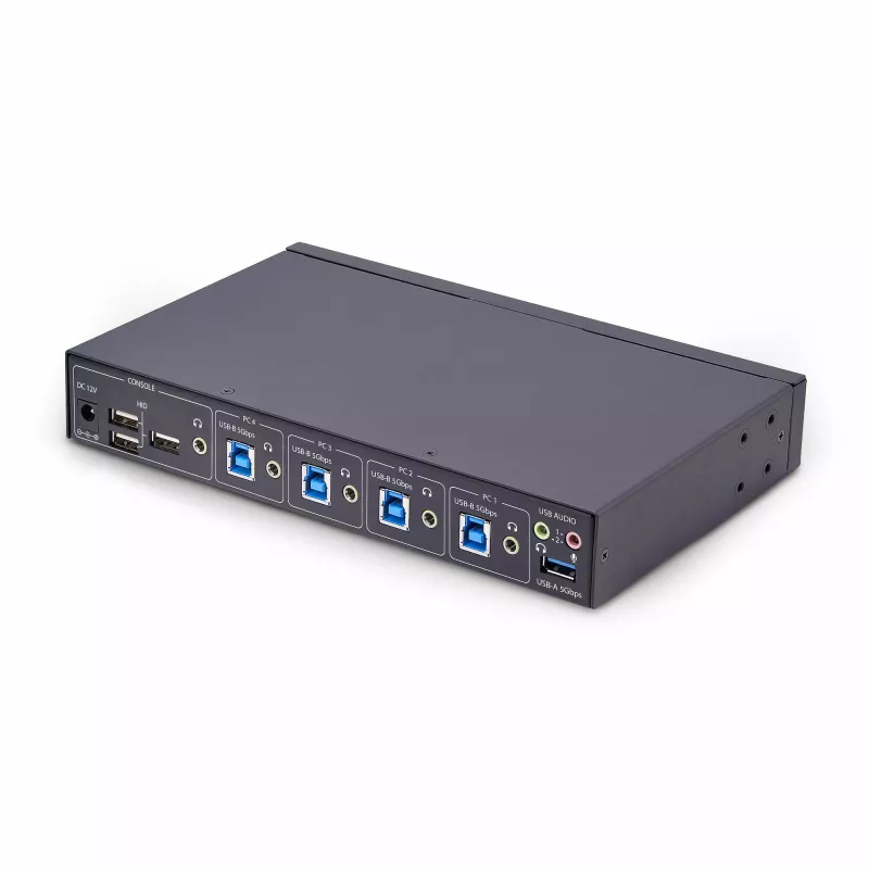 StarTech.com 4-poorts KM switch met muisomschakeling, USB-switch voor toetsenbord/muis, 3,5mm/USB audio, perifere sharing voor 4 computers, TAA-conform
