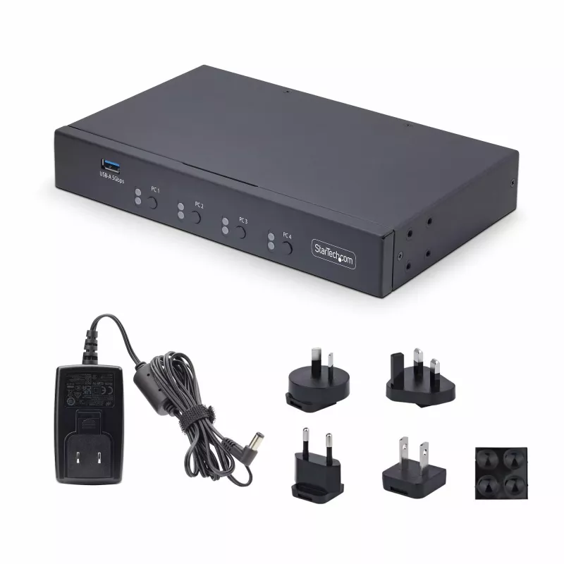 StarTech.com 4-poorts KM switch met muisomschakeling, USB-switch voor toetsenbord/muis, 3,5mm/USB audio, perifere sharing voor 4 computers, TAA-conform