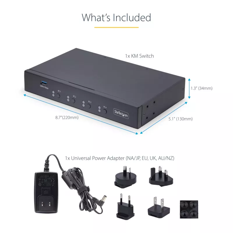 StarTech.com 4-poorts KM switch met muisomschakeling, USB-switch voor toetsenbord/muis, 3,5mm/USB audio, perifere sharing voor 4 computers, TAA-conform