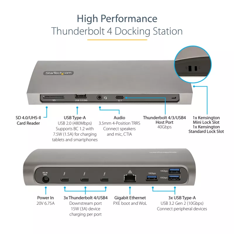 StarTech.com Thunderbolt 4 dock, 96W Power Delivery, single 8K/dual monitor 4K 60Hz, 3xTB4/USB4 aansluitingen, 4xUSB-A, SD, GbE, Thunderbolt 4 dockingstation voor Windows of TB3 MacBook, 0,8m kabel