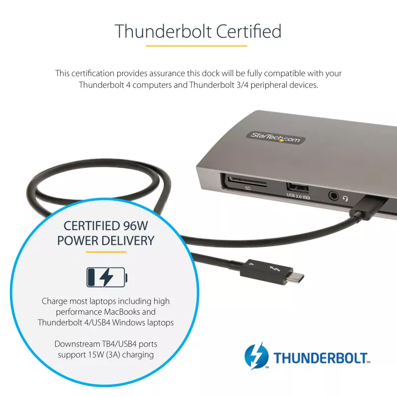 StarTech.com Thunderbolt 4 dock, 96W Power Delivery, single 8K/dual monitor 4K 60Hz, 3xTB4/USB4 aansluitingen, 4xUSB-A, SD, GbE, Thunderbolt 4 dockingstation voor Windows of TB3 MacBook, 0,8m kabel