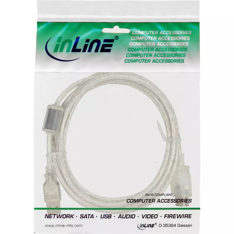 InLine USB 2.0-verlengkabel Type-A M/F, transparant, met ferriet, 2 m
