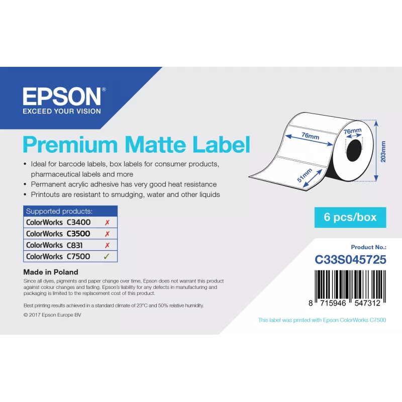 Epson Premium Matte Label - die-cut rol: 76 mm x 51 mm, 2310 etiketten