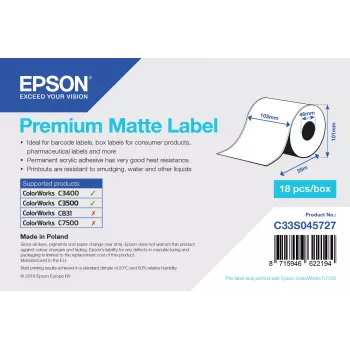 Epson Premium mat etiket - eindloze rol: 105 mm x 35 m, wit, zelfklevend printeretiket, eindloos etiket, acryl, permanent, mat
