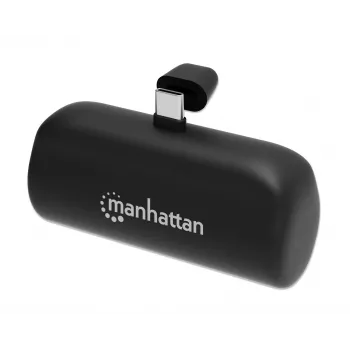 Manhattan powerbank met geïntegreerde USB-C-stekker, 5000 mAh, tot 10 W uitgangsvermogen, standaard om te gebruiken als oplaadbare telefoonhouder, zwart, één jaar garantie