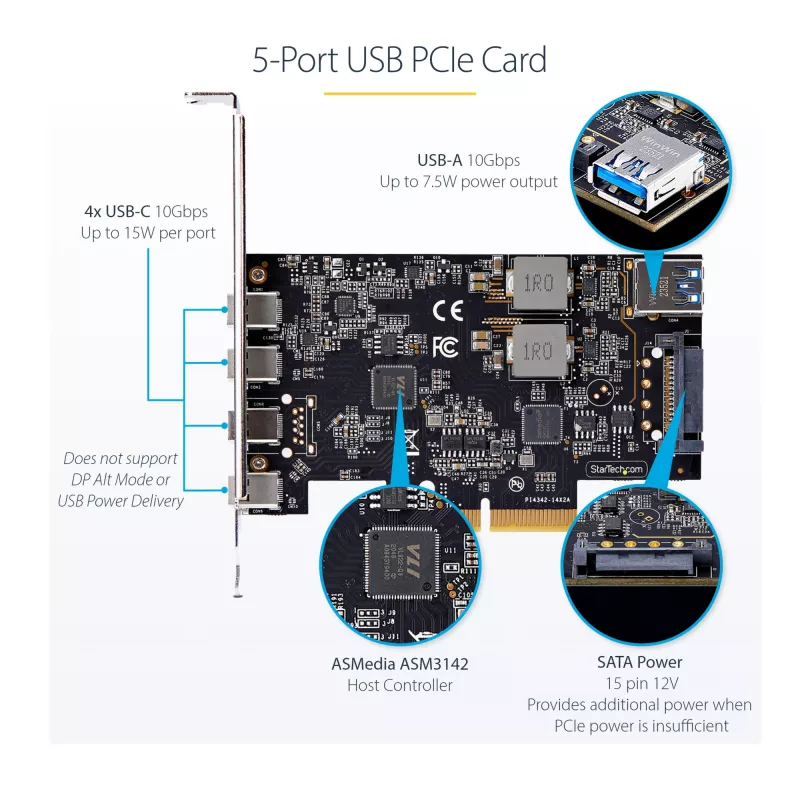 StarTech.com 5-poorts USB PCIe-kaart, USB 3.2 10 Gbit/s, PCI Express-kaart met 4x USB-C-aansluitingen, 1x interne USB-A-aansluiting, USB PCIe-controllerkaart, Windows/macOS/Linux