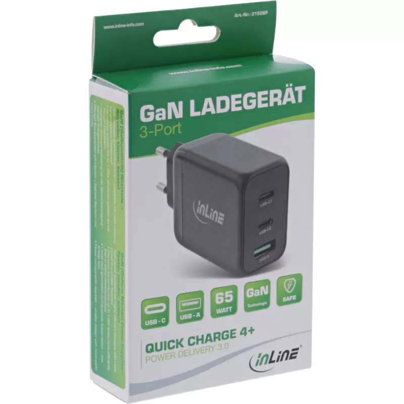 InLine USB PD-voeding, GaN-oplader, 3-poorts, Dual USB-C + USB-A, 65W