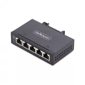 StarTech.com 5-poorts unmanaged industriële netwerkswitch, 100/1000 ethernet, DIN-rail-/wandmontage, robuuste IP30 gigabit switch, -40 °F tot 167 °F, 9–60 V DC, TAA-conform