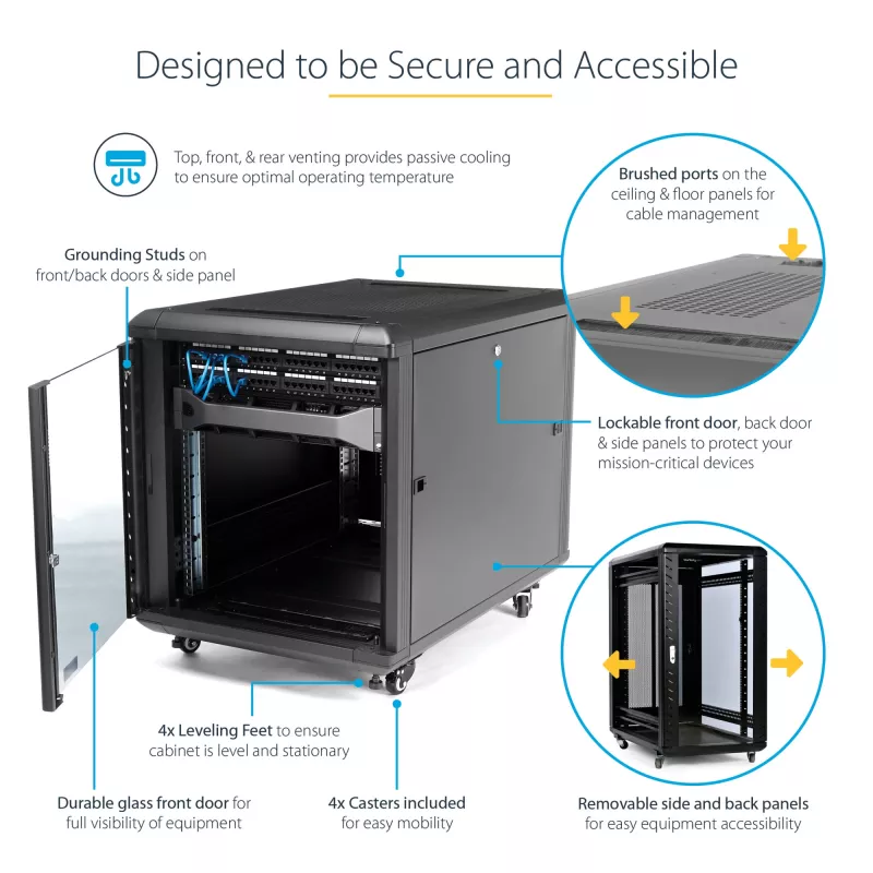 StarTech.com 4-paals 12U serverrack, afsluitbare 19-inch datakast voor computer-/AV-/IT-apparatuur, kantoor-/thuisnetwerkrack met wielen & verstelbare montagerails